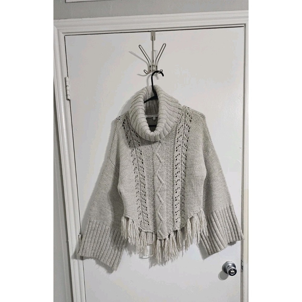 Cupcakes and Cashmere‎ Crotchet Knit Sweater Medium Ivory Mock Neck Fringe Style - Picture 3 of 7